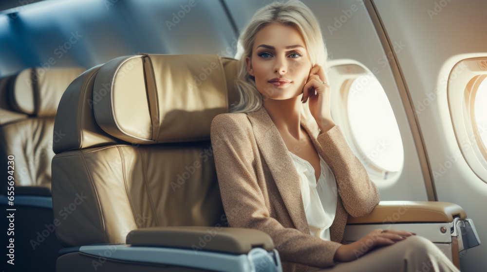 Businessman is sitting and traveling in private plane