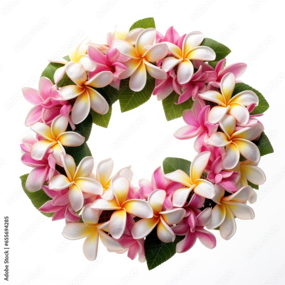 Exotic Plumeria Wreath with Unique Varieties Isolated on White Exotic Plumeria Wreath with Unique Varieties Isolated on White