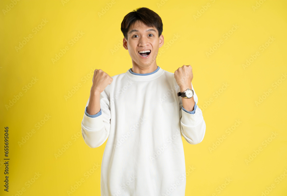 Portrait of young Asian man wearing sweater and posing on yellow background Portrait of young Asian man wearing sweater and posing on yellow background