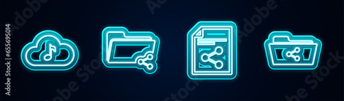Set line Music streaming service, Share folder, file and . Glowing neon icon. Vector