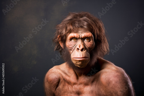 Australopithecus on a dark studio background, highlighting its anthropological features. rtistic representation using artificial intelligence. Not a scientific reconstruction photo