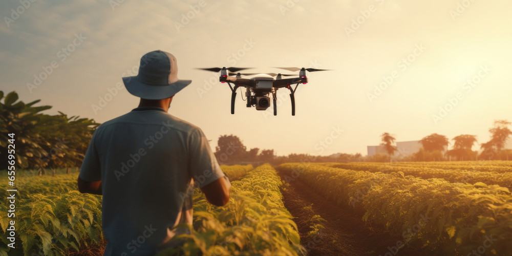 Farmer using drone to monitor crop health on the agricultural field - obrazy, fototapety, plakaty 