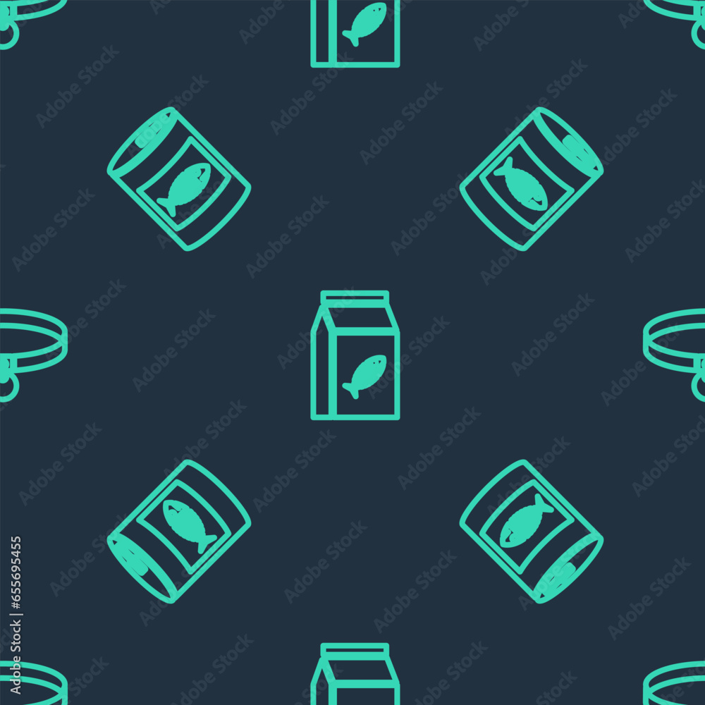 Set line Bag of food for cat, Canned and Collar on seamless pattern. Vector Set line Bag of food for cat, Canned and Collar on seamless pattern. Vector