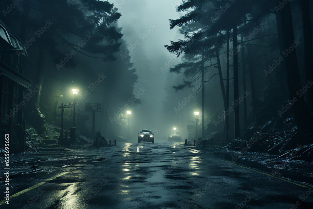 A desolate mountain road along with old wooden cabin full of fog and creepy mood, gloomy, cold wet at night