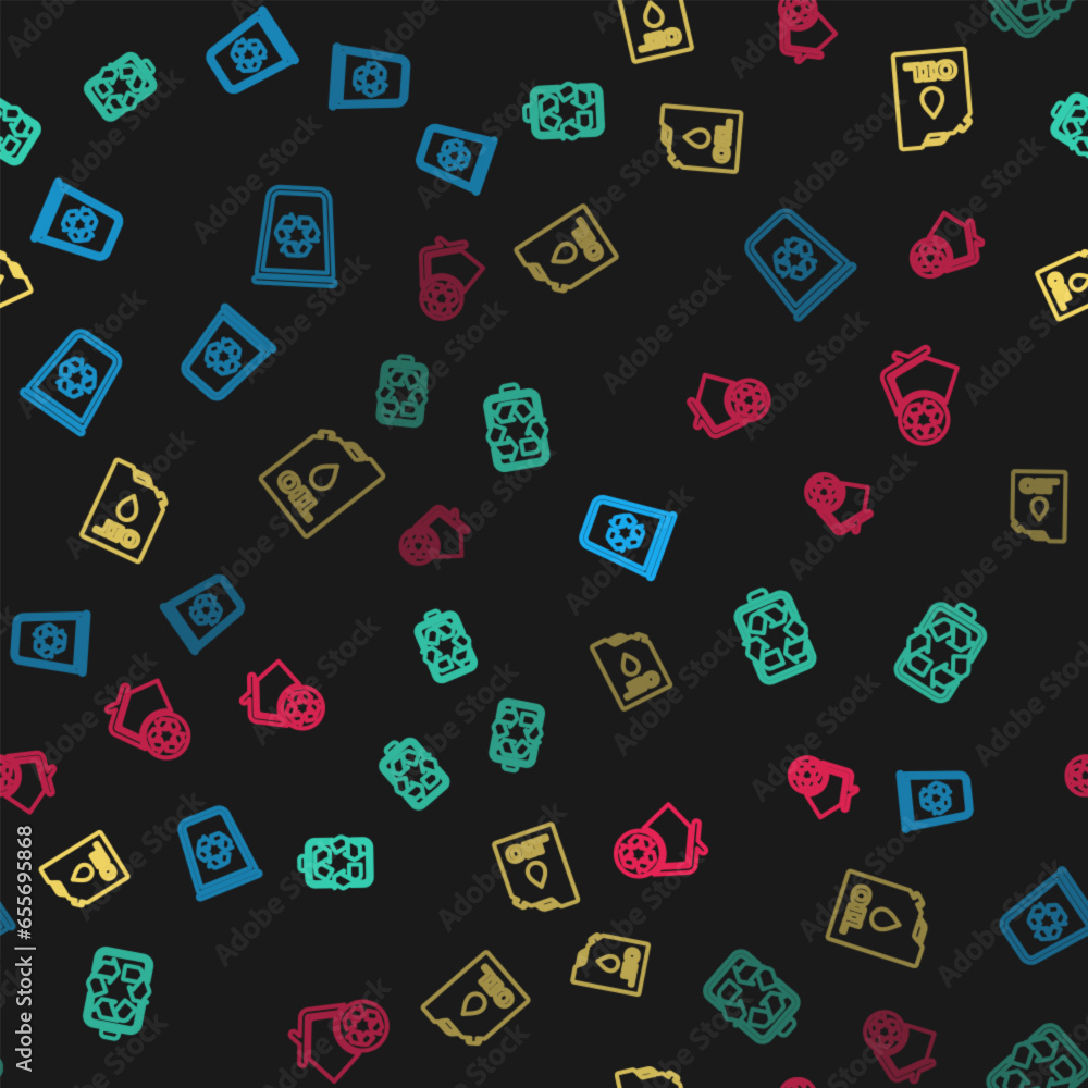 Set line Recycle bin with recycle, Battery, Canister machine oil and Eco House recycling on seamless pattern. Vector Set line Recycle bin with recycle, Battery, Canister machine oil and Eco House recycling on seamless pattern. Vector
