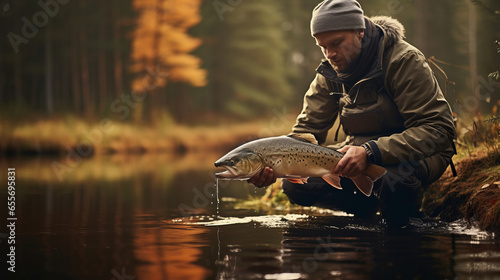 Fisherman is holding trout near the river