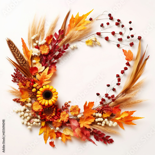 Modern interior wreath with fall flowers, dry natural materials on a white background. Copy space. Generative AI