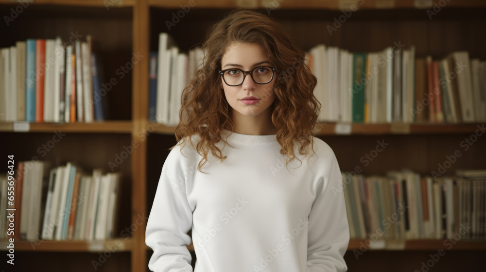 Against shelves with books. Young woman in white sweatshirt and in glasses Against shelves with books. Young woman in white sweatshirt and in glasses