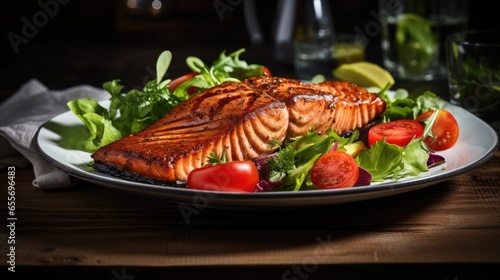 Grilled salmon fillet and fresh lettuce