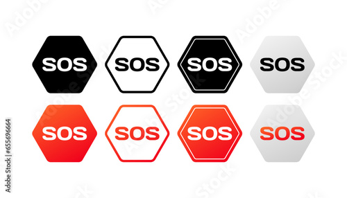 SOS signs. Different styles, colors, SOS signs, help signs, SOS icons. Vector icons