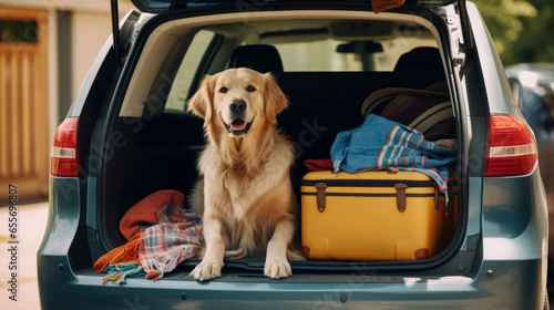 Golden retrieved dog is sitting in a car trunk