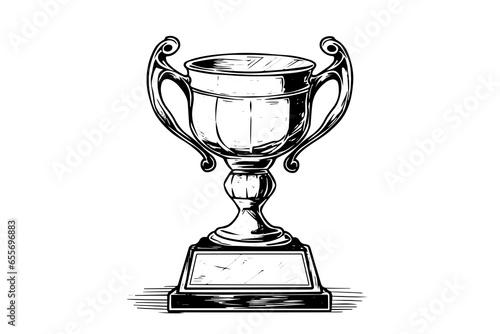Winner trophy cup hand drawn ink sketch. Engraved style vintage illustration