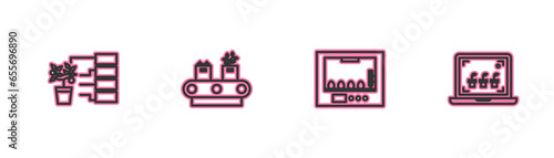Set line Flower analysis, Incubator for eggs, Conveyor belt with box and Smart farming technology icon. Vector