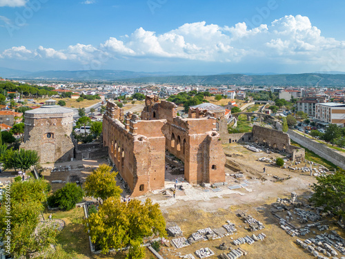 The Red Hall Basilica and Bergama Town drone view in Turkey photo