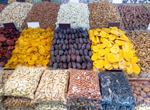dried fruits and nuts on the market counter
