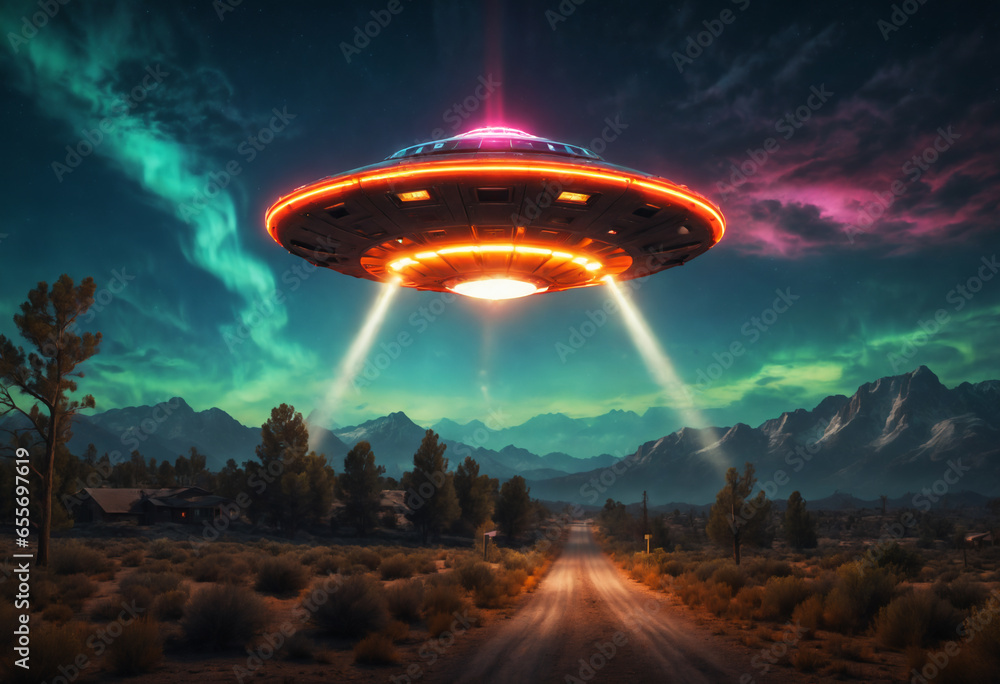 Illuminated ufo over a landscape. Generative AI Illuminated ufo over a landscape. Generative AI