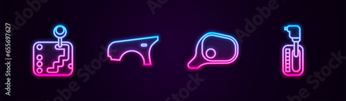 Set line Gear shifter, Car fender, mirror and . Glowing neon icon. Vector