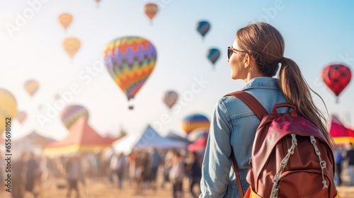 Side view of young female traveler standing with backpack watching colorful balloon festival