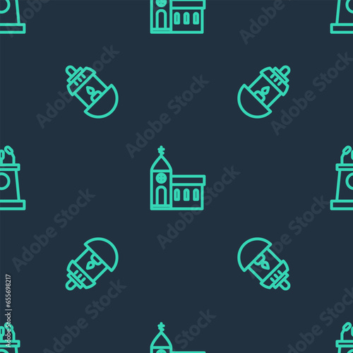 Set line Church building, Ramadan Kareem lantern and Stage stand or tribune on seamless pattern. Vector