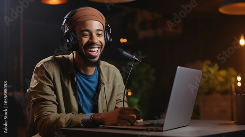 Happy young African American man is using studio microphone and laptop