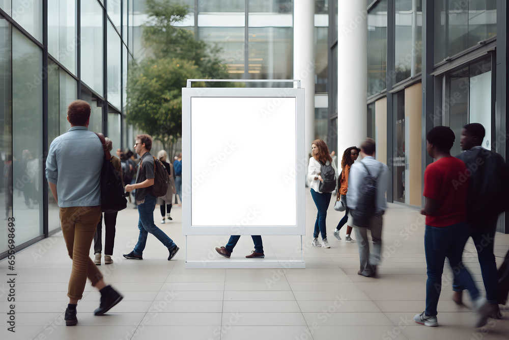 white billboard mockup placed in a busy public area. The billboard is the main focus of the image and is surrounded by people walking past it. - obrazy, fototapety, plakaty 