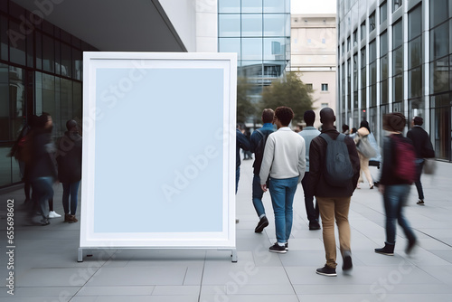 white billboard mockup placed in a busy public area. The billboard is the main focus of the image and is surrounded by people walking past it. photo