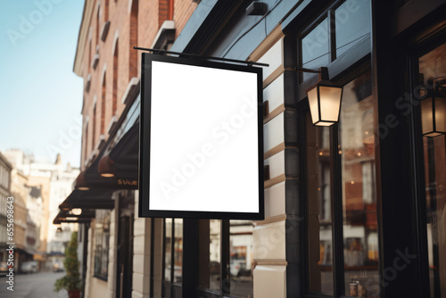 Blank store signage sign design mockup isolated. Signboard for logo presentation. Street hanging mounted on the wall, Clear shop template, black and white