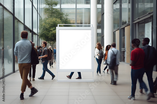 white billboard mockup placed in a busy public area. The billboard is the main focus of the image and is surrounded by people walking past it. photo