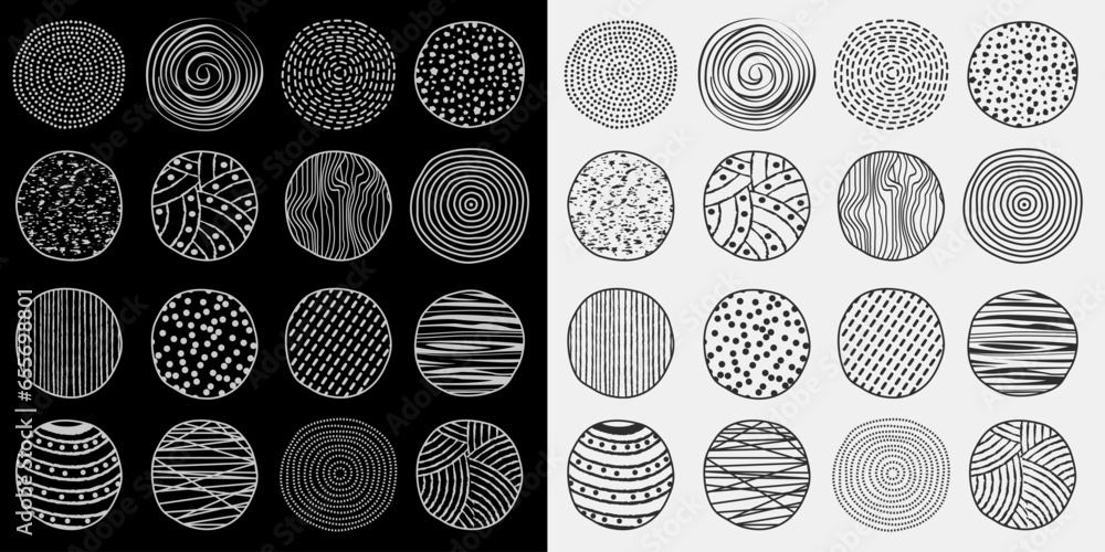 Doodle abstract hand drawn circles. Isolated round shapes with pattern, scribble modern shapes. Linear decorative vector set of elements - obrazy, fototapety, plakaty 