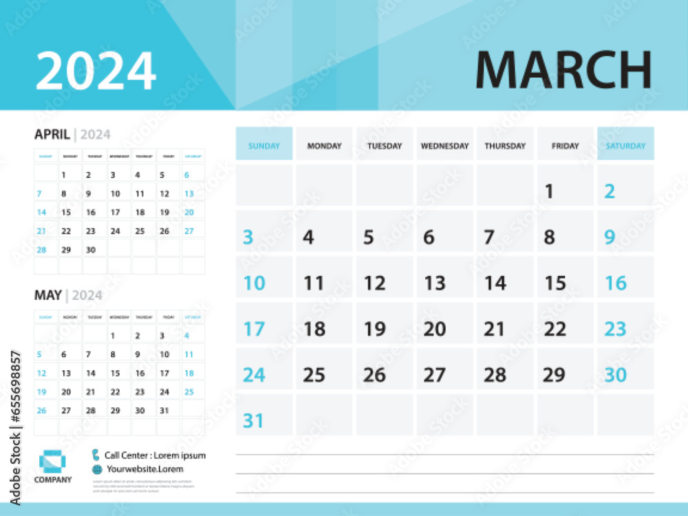 Calendar 2024 template, March 2024 year, Desk Calendar 2024 template, Week Start On Sunday, Wall calendar design, Planner layout, Stationery, Poster, printing media, Blue background vector Calendar 2024 template, March 2024 year, Desk Calendar 2024 template, Week Start On Sunday, Wall calendar design, Planner layout, Stationery, Poster, printing media, Blue background vector