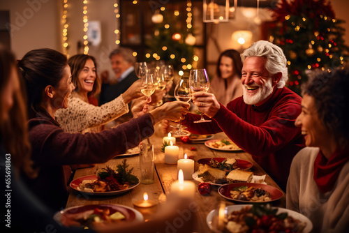 warm and cozy scene of family enjoying a meal together, Christmas party conversation and enjoying their time together