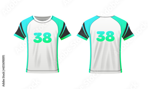 T-shirt layout. Flat, color, t-shirt for your design, 38 number, t-shirt mockup, your design here, clothing layout. Vector illustration
