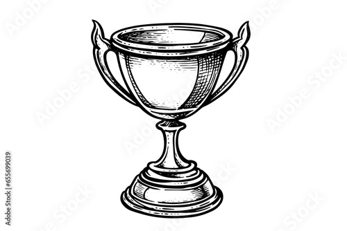 Winner trophy cup hand drawn ink sketch. Engraved style vintage illustration