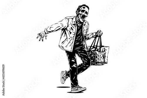 Zombie office worker hand drawn ink sketch. Engraved style vector illustration