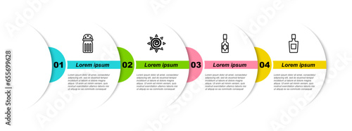 Set line Salt, Sun, Tabasco sauce and Tequila bottle. Business infographic template. Vector