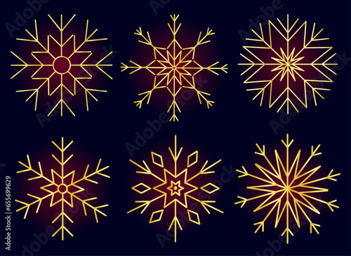 Set of golden linear snowflakes. Christmas gold elements. Glowing elements for Christmas and New Year. Vector illustration