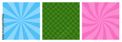 Set of retro backgrounds. Groove backgrounds of a checkerboard, stripes. Vector posters in groovy style. Vintage old style in the 70s, 80s.