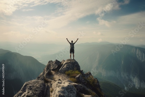 Person atop mountain enjoys freedom. Generative AI