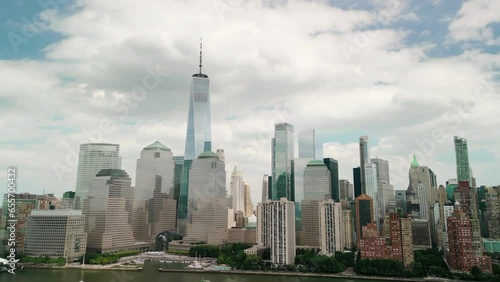 Aerial view over lower Manhattan. The drone orbiting the buildings. 