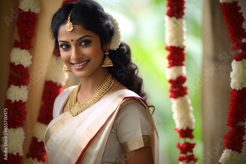 Kerala Bride in Traditional Kasavu Saree with Jasmine-Adorned Hair photo