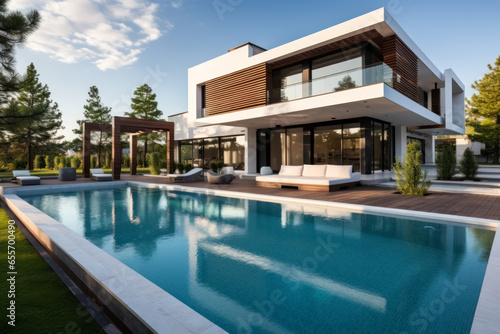 Exterior of modern minimalist cubic villa with swimming pool at sunset. Generative AI © Rafa Fernandez