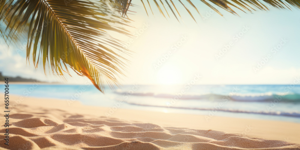 Sunny tropical Caribbean beach with palm trees and turquoise water, island vacation, hot summer day. AI Generative Sunny tropical Caribbean beach with palm trees and turquoise water, island vacation, hot summer day. AI Generative