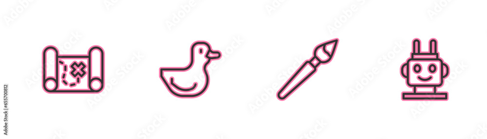 Set line Pirate treasure map, Paint brush, Rubber duck and Robot toy icon. Vector Set line Pirate treasure map, Paint brush, Rubber duck and Robot toy icon. Vector