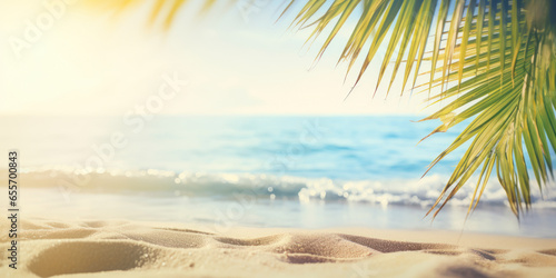 Sunny tropical Caribbean beach with palm trees and turquoise water, island vacation, hot summer day. AI Generative