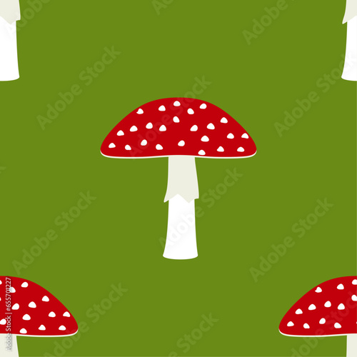 Patrón de amanitas sobre fondo verde pistacho