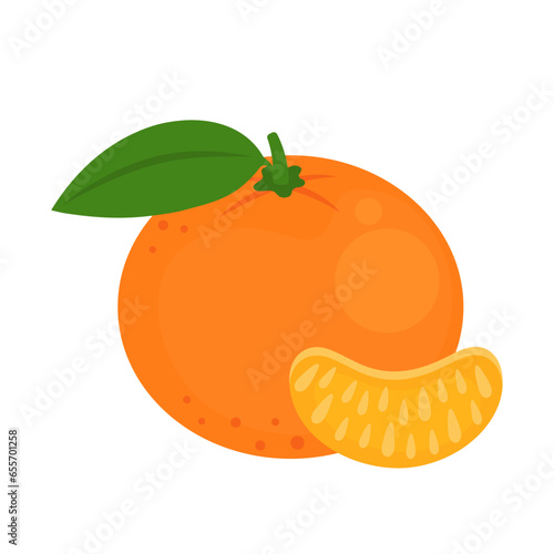 Mandarin orange whole fruit and slice isolated on white background. Citrus reticulata, clementine, tangerine or mandarine icon. Vector illustration of tropical exotic fruits in flat style.