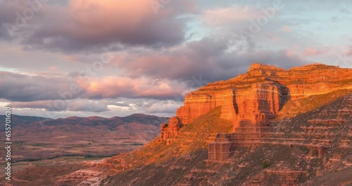 Sunset timelapse day to night in desert landscape far west armantes viewpoint in Calatayud, zaragoza, Spain