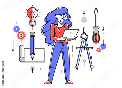 Mechanic engineer working on a draft plan vector illustration, inventor or repair job, engineering machine industry, system technician.