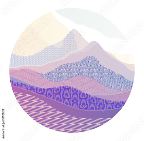 Abstract oriental Japanese art vector background in a shape of circle, traditional style design, wavy shapes and mountains terrain landscape, runny like sea lines.