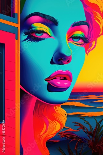 Glamorous youthful beauty fused with tropical island fun soaking up the summer sun, colorful retro synthwave pop art like illustration, golden hour sunset, exotic holiday solo traveler influencer.
